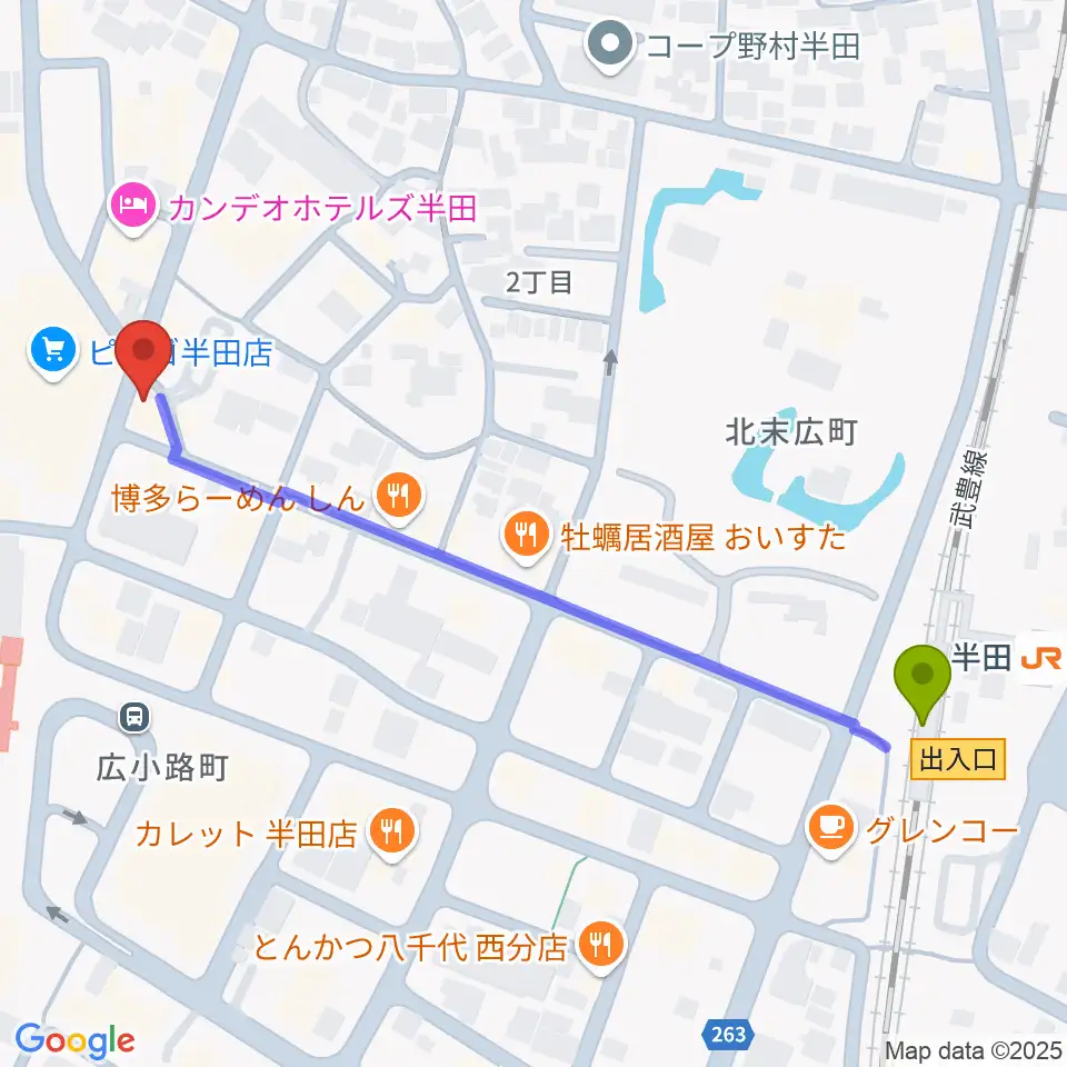 半田駅からミュージックメイトマツイシへのルートマップ地図