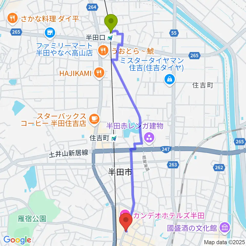 半田口駅からミュージックメイトマツイシへのルートマップ地図