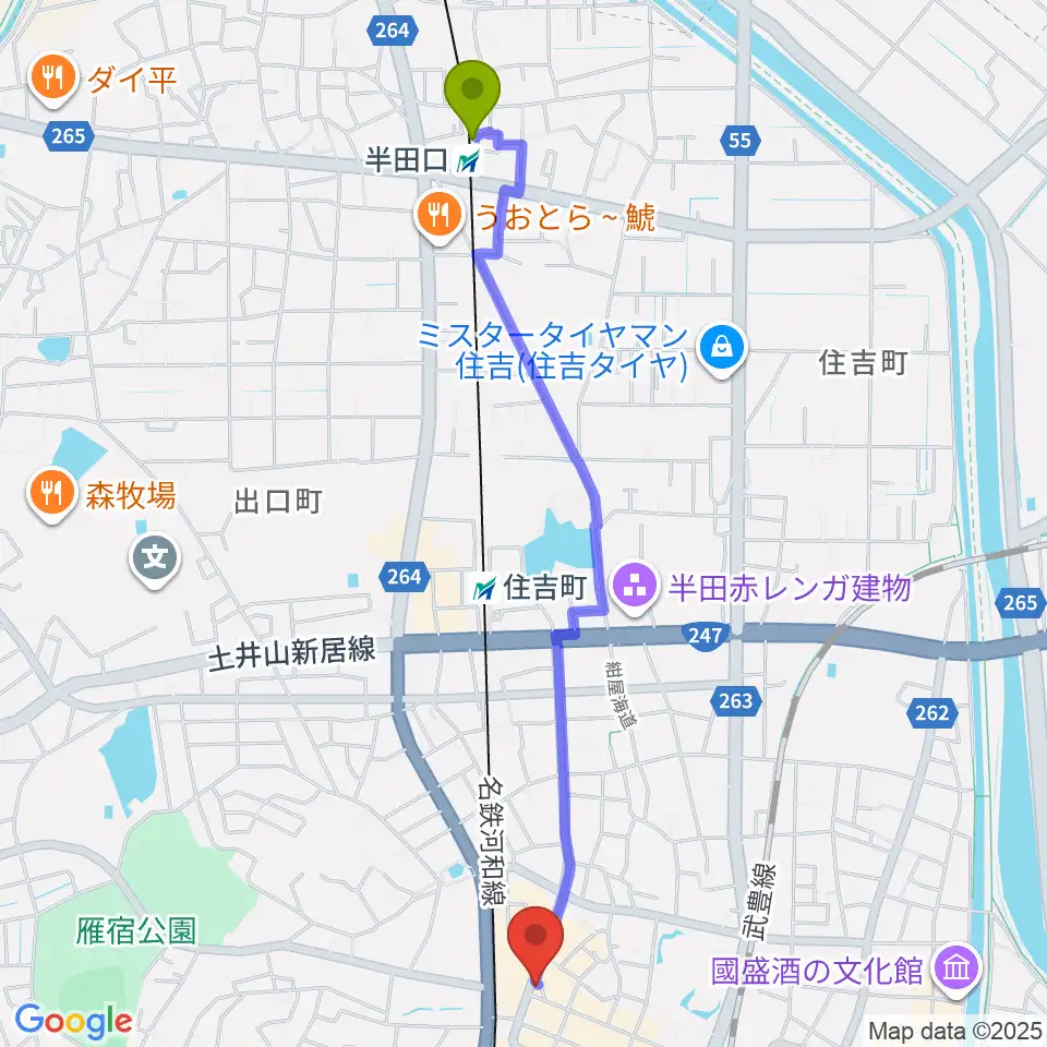 半田口駅からミュージックメイトマツイシへのルートマップ地図