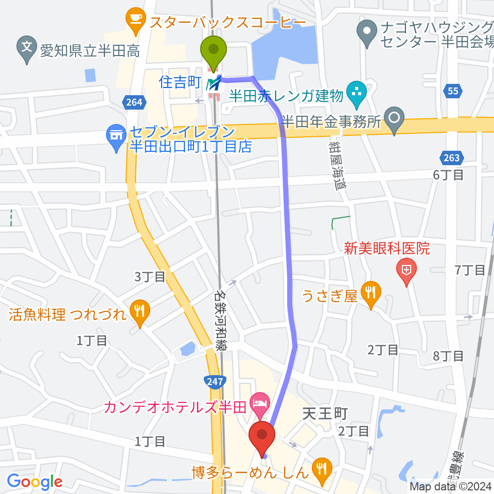 住吉町駅からミュージックメイトマツイシへのルートマップ地図