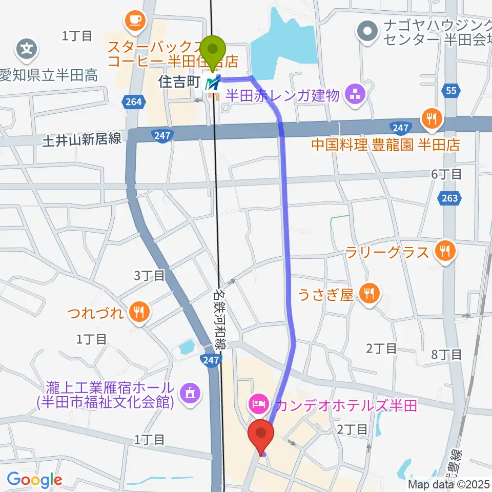 住吉町駅からミュージックメイトマツイシへのルートマップ地図