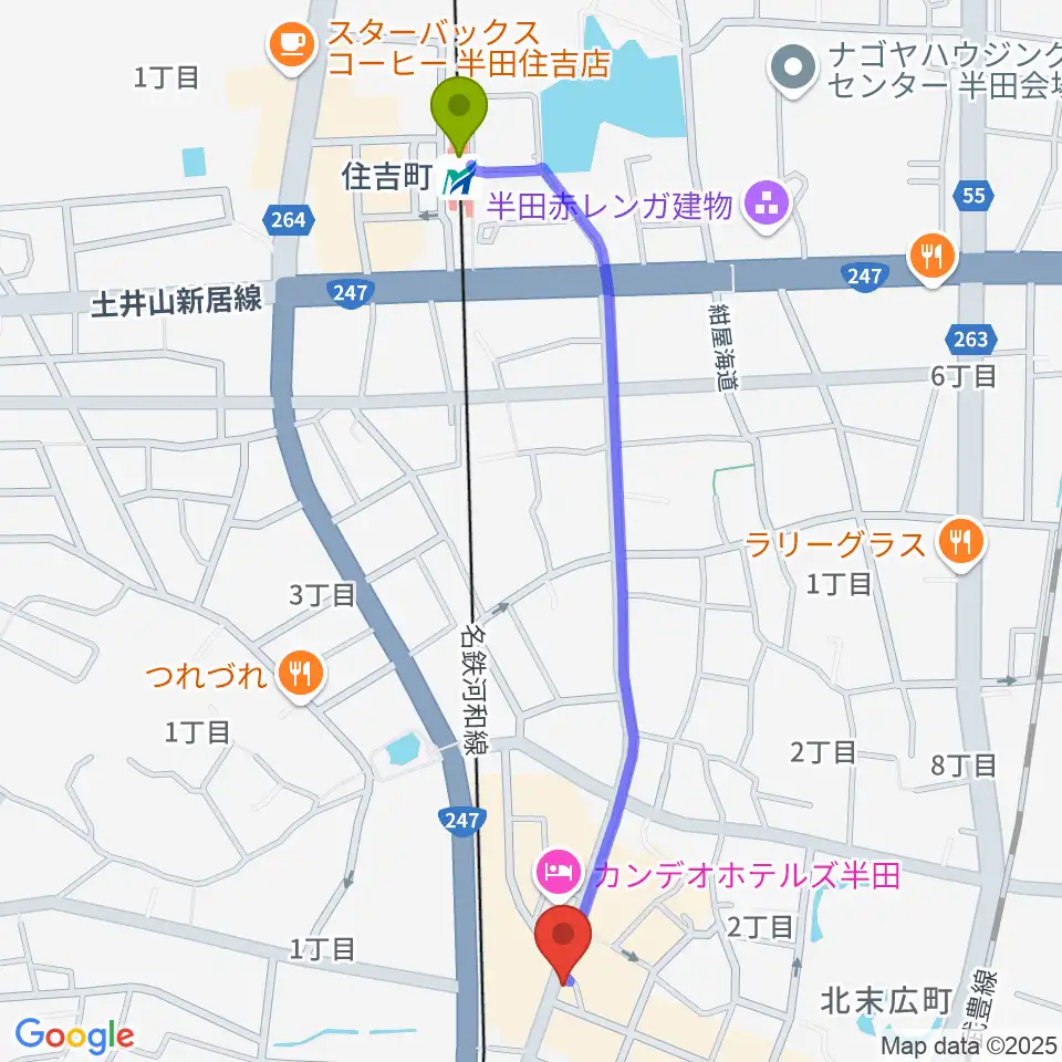 住吉町駅からミュージックメイトマツイシへのルートマップ地図