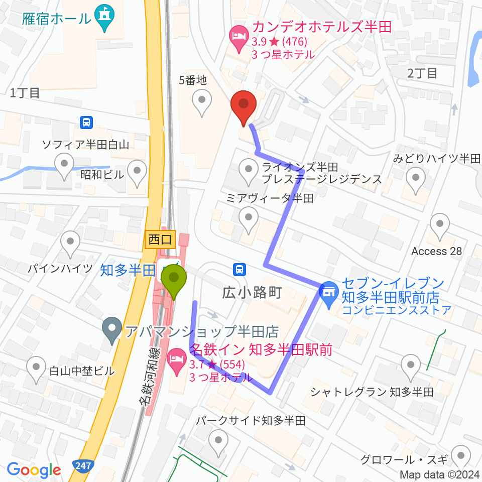 ミュージックメイトマツイシの最寄駅知多半田駅からの徒歩ルート（約3分）地図