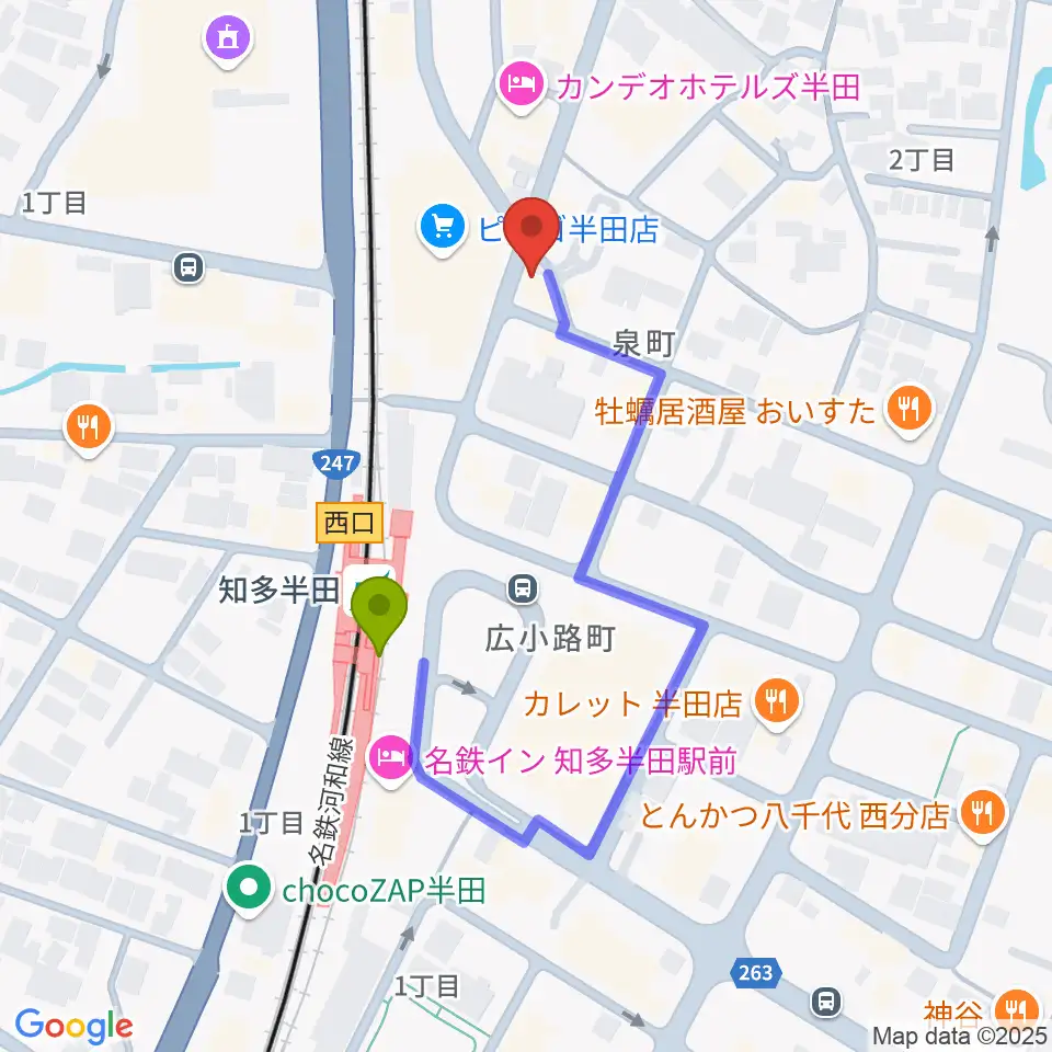 ミュージックメイトマツイシの最寄駅知多半田駅からの徒歩ルート（約3分）地図