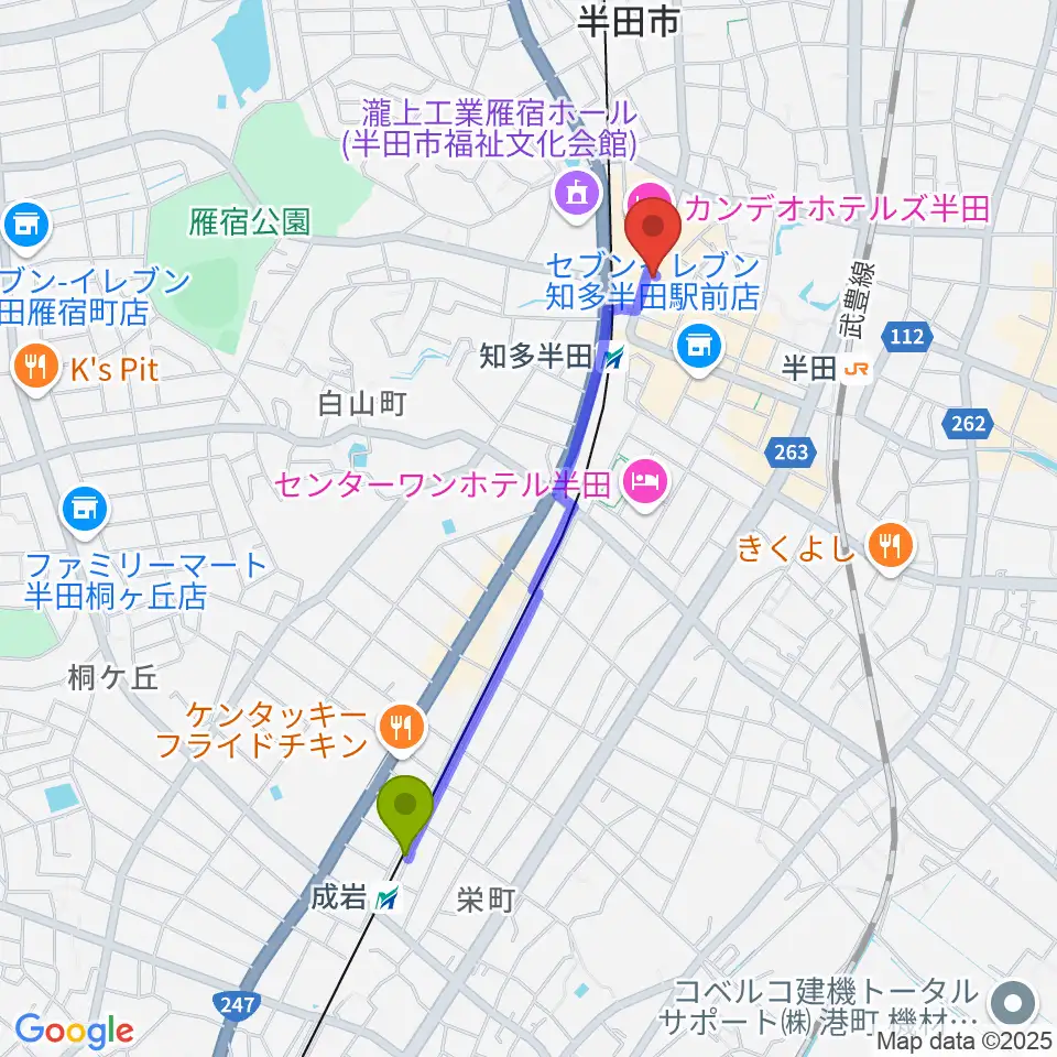 成岩駅からミュージックメイトマツイシへのルートマップ地図