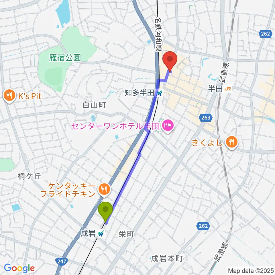 成岩駅からミュージックメイトマツイシへのルートマップ地図