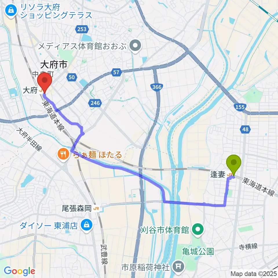 逢妻駅から楽器晴海堂 大府ミュージックセンターへのルートマップ地図