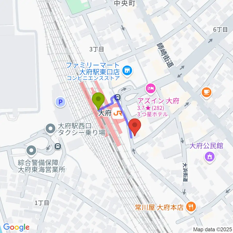 楽器晴海堂 大府ミュージックセンターの最寄駅大府駅からの徒歩ルート（約2分）地図