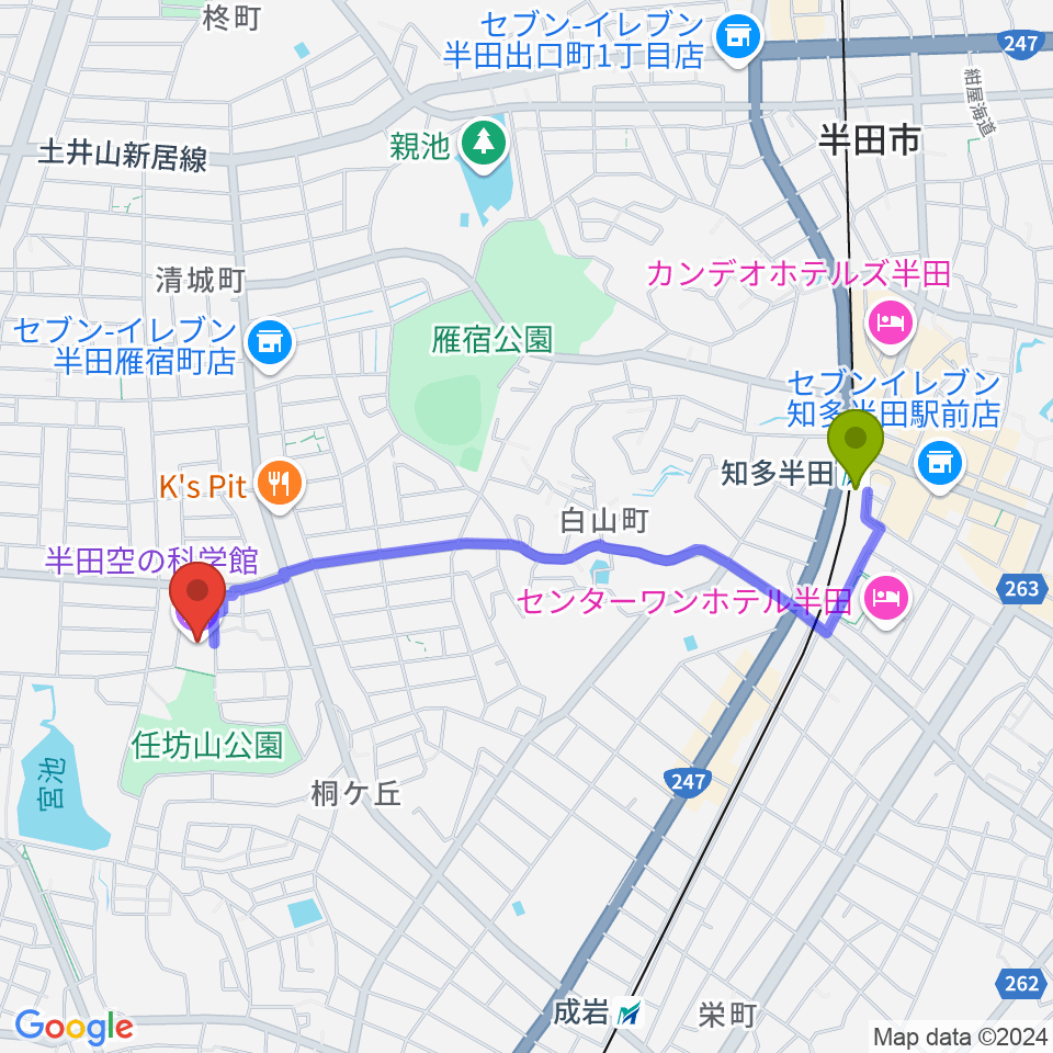 知多半田駅から半田空の科学館へのルートマップ地図