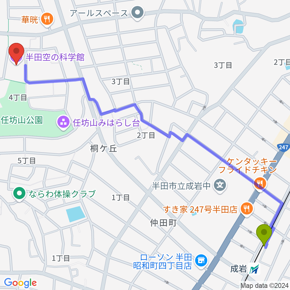 半田空の科学館の最寄駅成岩駅からの徒歩ルート（約17分）地図