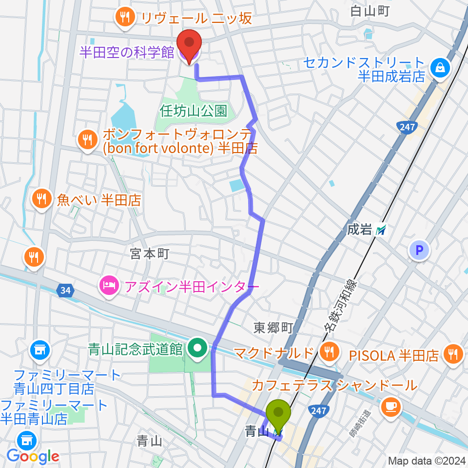 青山駅から半田空の科学館へのルートマップ地図