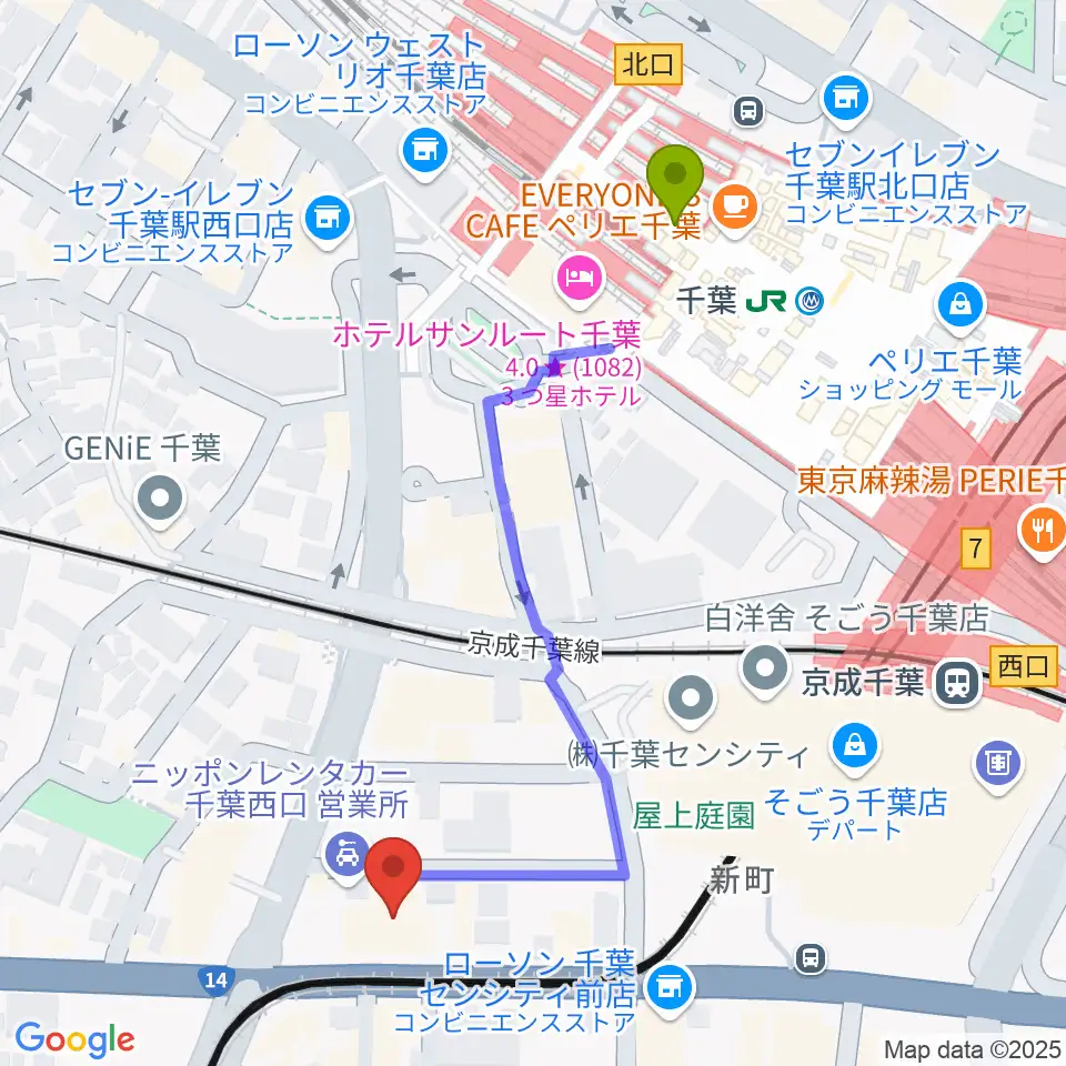 千葉センター ヤマハミュージックの最寄駅千葉駅からの徒歩ルート（約5分）地図