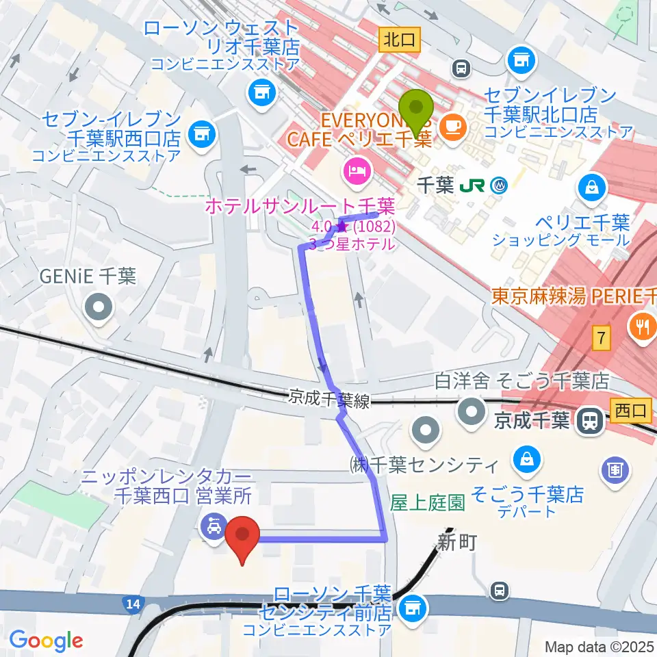 千葉センター ヤマハミュージックの最寄駅千葉駅からの徒歩ルート（約5分）地図