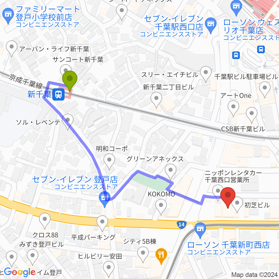 新千葉駅から千葉センター ヤマハミュージックへのルートマップ地図