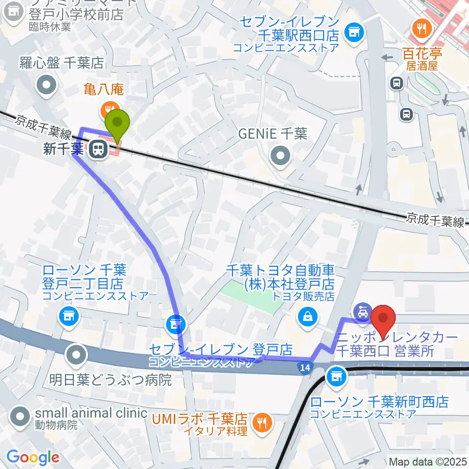 新千葉駅から千葉センター ヤマハミュージックへのルートマップ地図