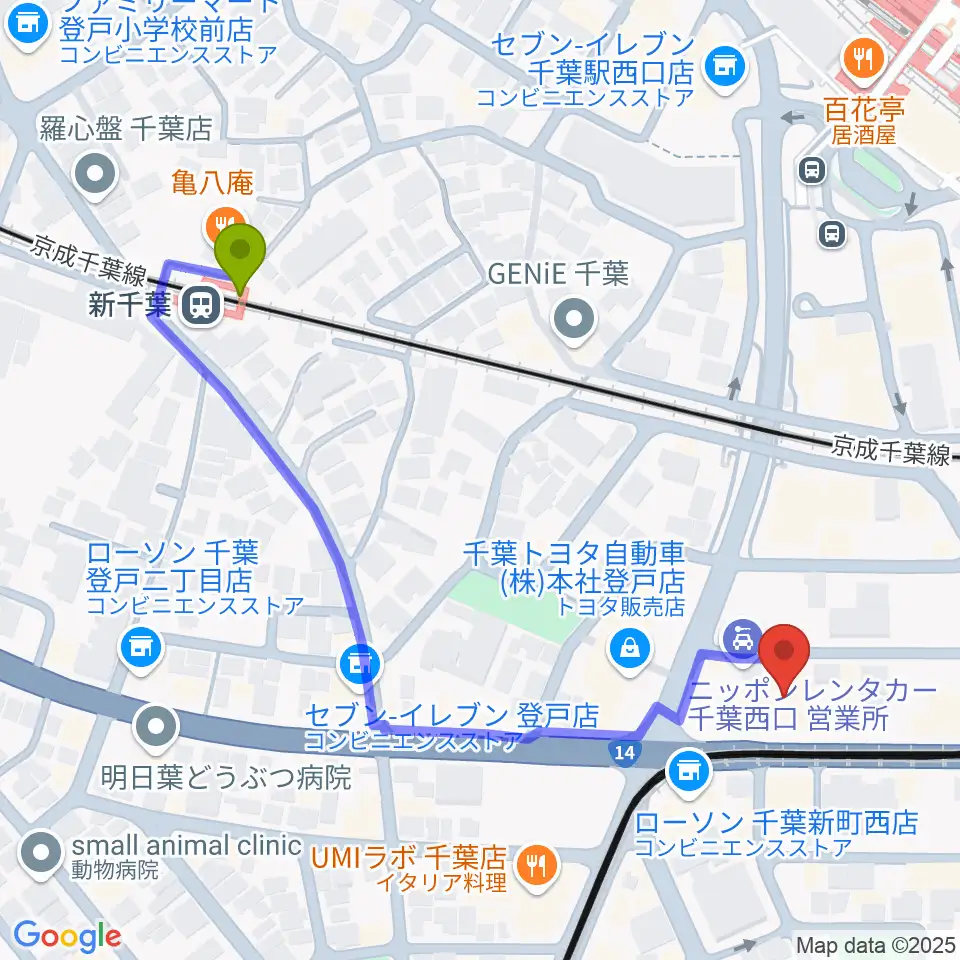 新千葉駅から千葉センター ヤマハミュージックへのルートマップ地図
