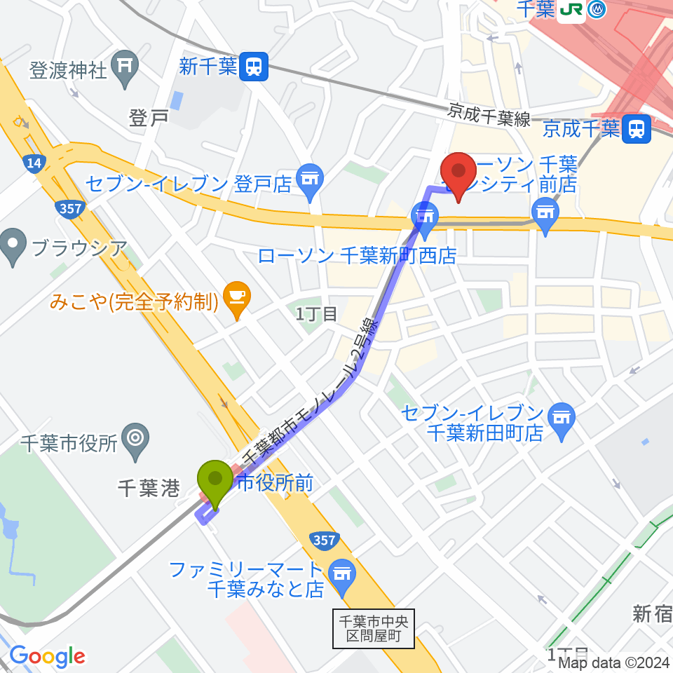 市役所前駅から千葉センター ヤマハミュージックへのルートマップ地図