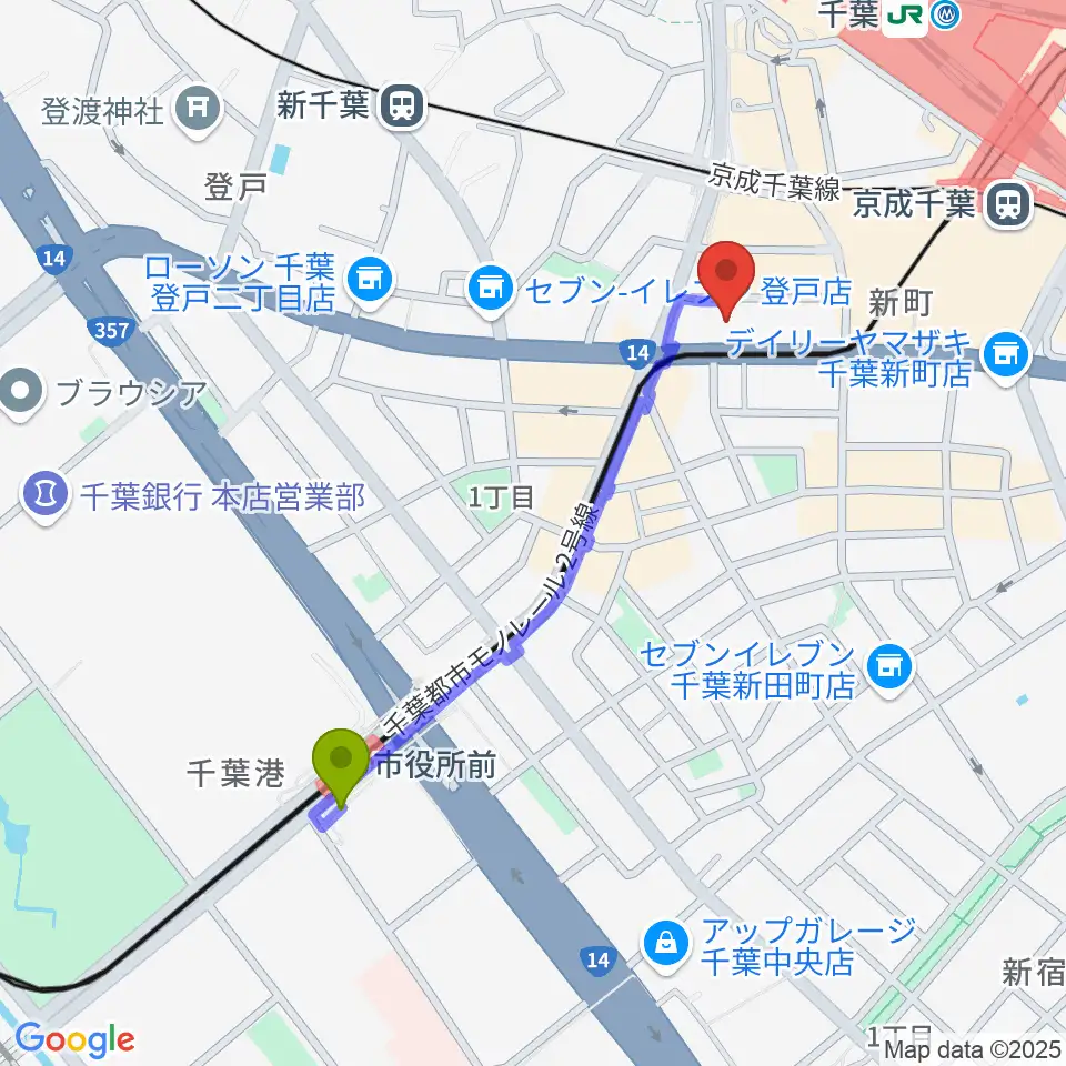 市役所前駅から千葉センター ヤマハミュージックへのルートマップ地図