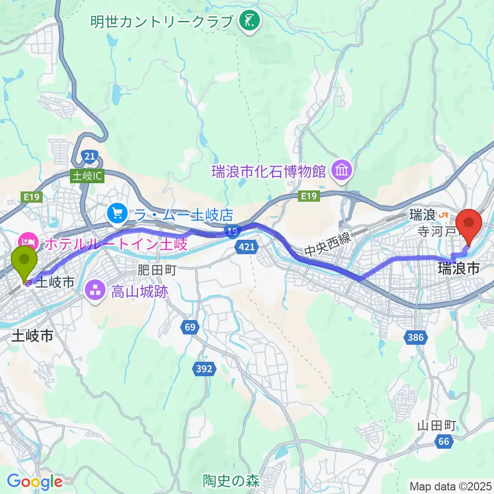 土岐市駅から瑞浪市総合文化センターへのルートマップ地図