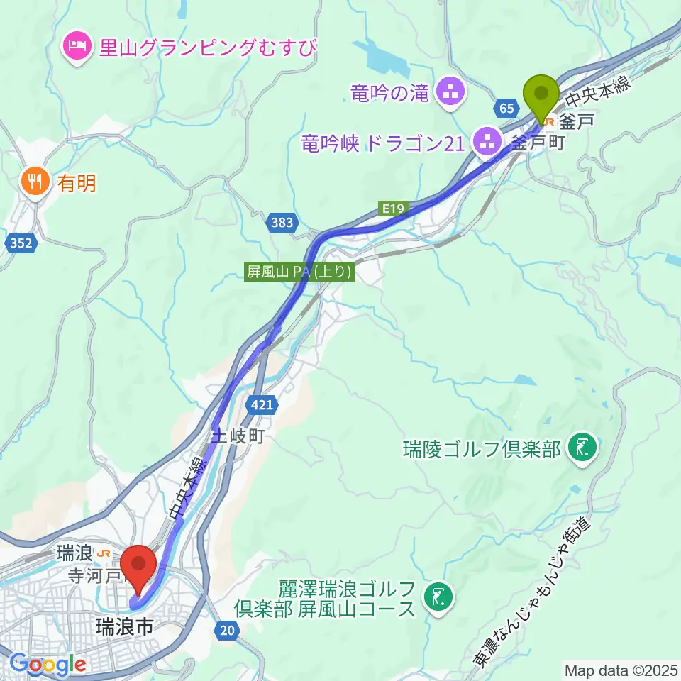 釜戸駅から瑞浪市総合文化センターへのルートマップ地図