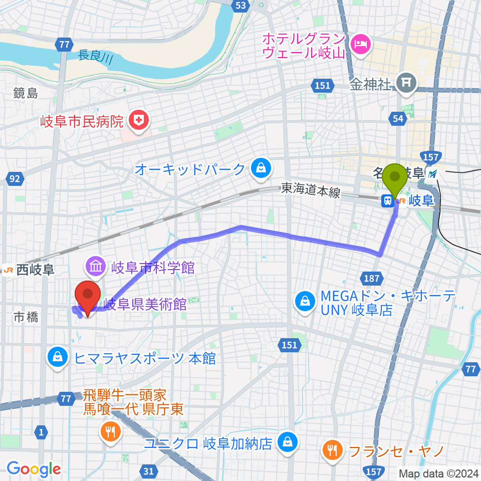 岐阜駅から岐阜県美術館へのルートマップ地図