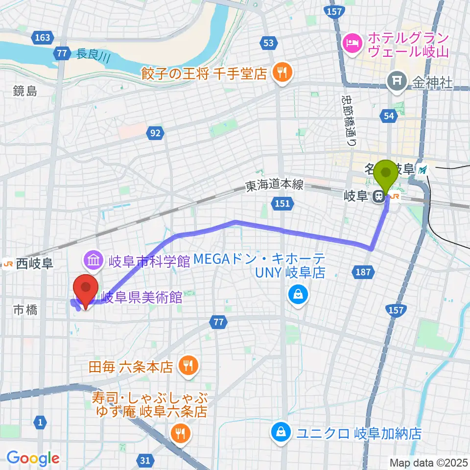 岐阜駅から岐阜県美術館へのルートマップ地図