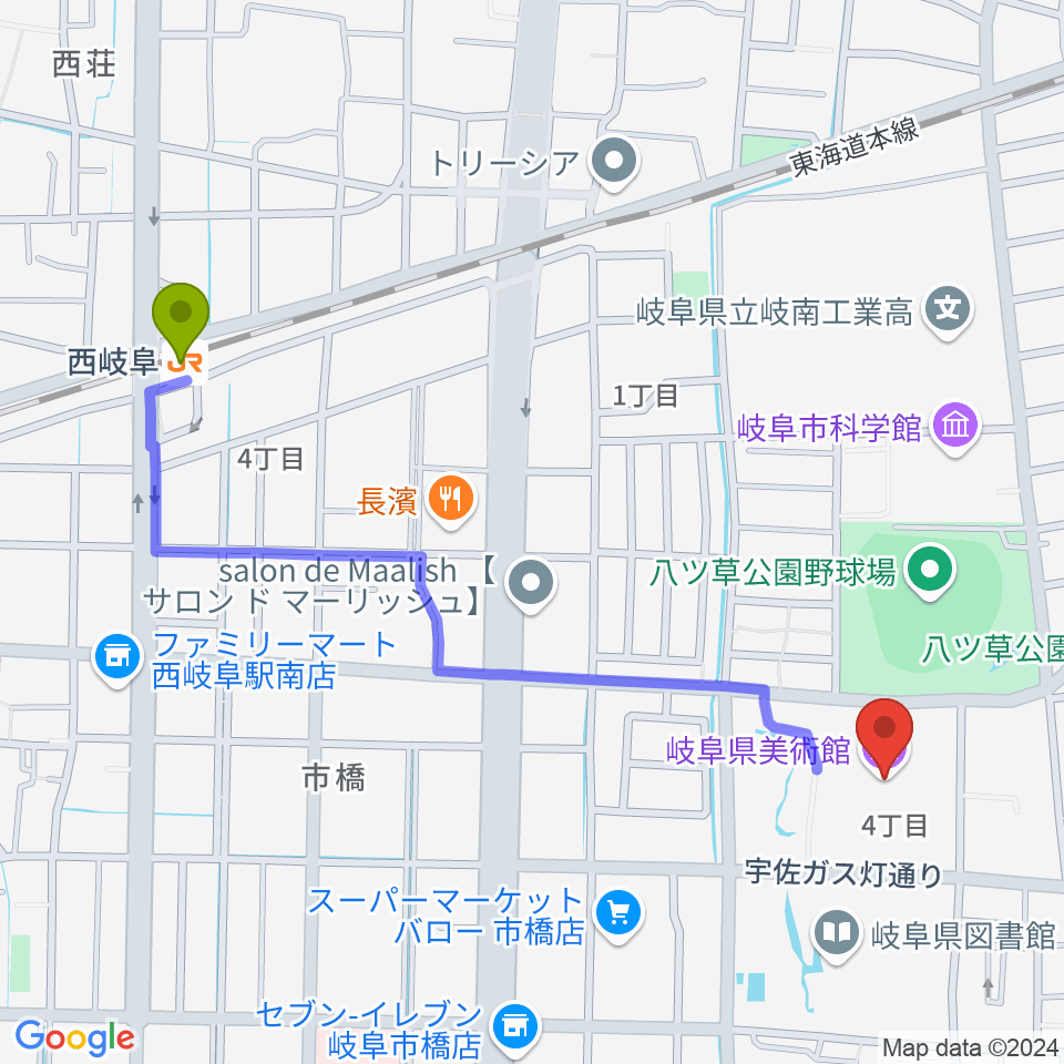 岐阜県美術館の最寄駅西岐阜駅からの徒歩ルート（約12分）地図