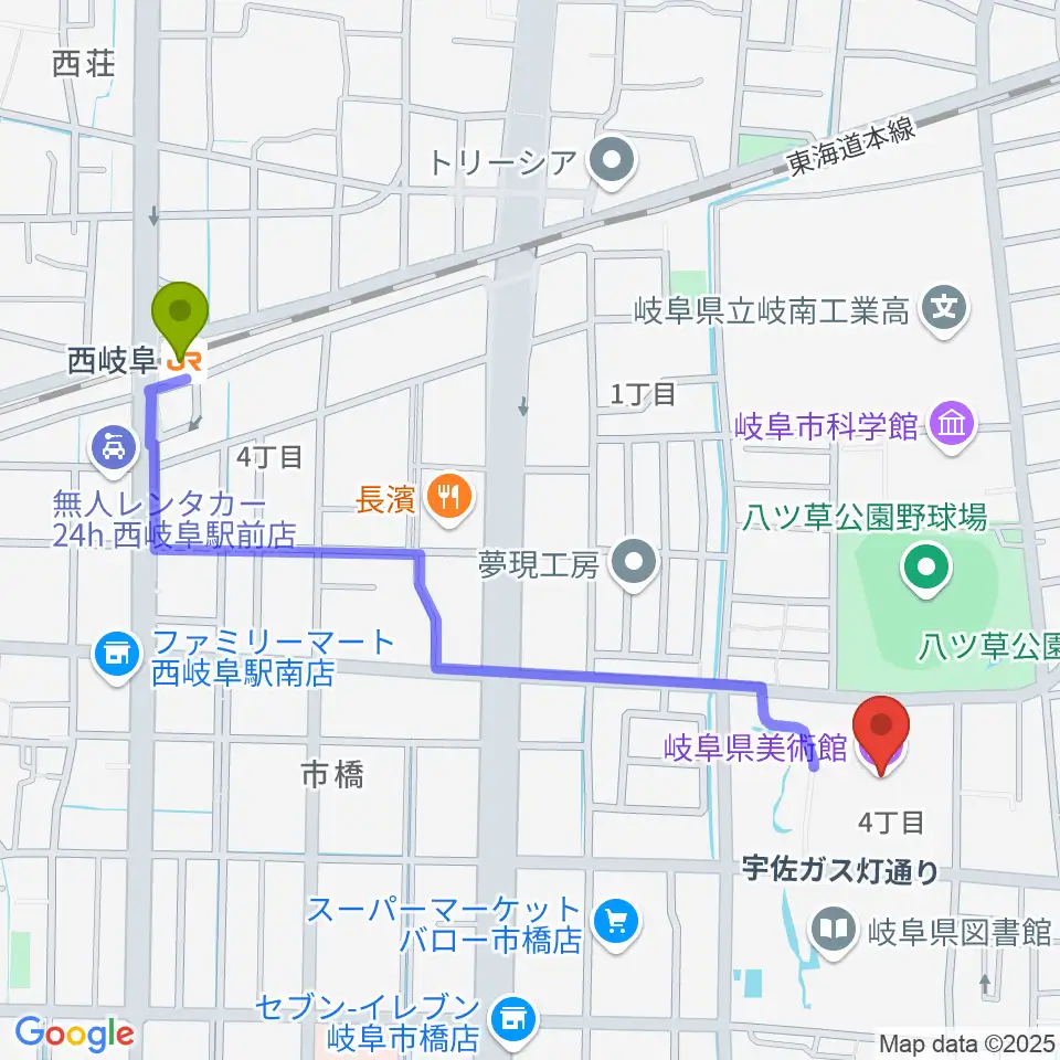 岐阜県美術館の最寄駅西岐阜駅からの徒歩ルート（約12分）地図