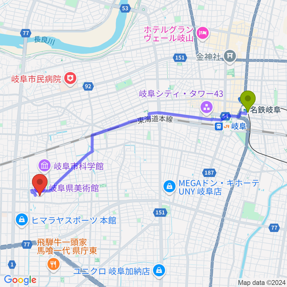 名鉄岐阜駅から岐阜県美術館へのルートマップ地図