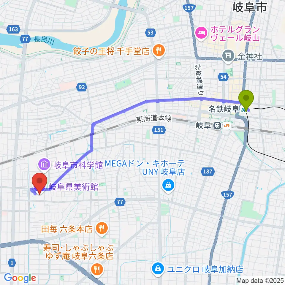 名鉄岐阜駅から岐阜県美術館へのルートマップ地図