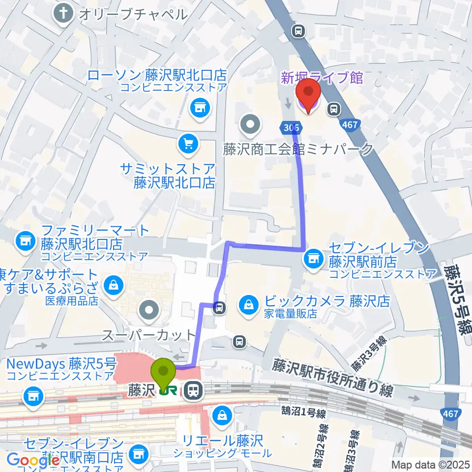 新堀ライブ館の最寄駅藤沢駅からの徒歩ルート（約5分）地図