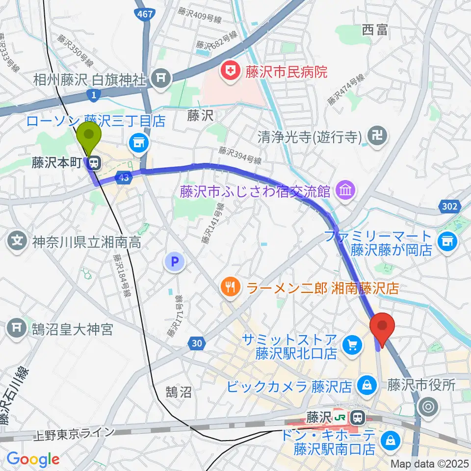 藤沢本町駅から新堀ライブ館へのルートマップ地図