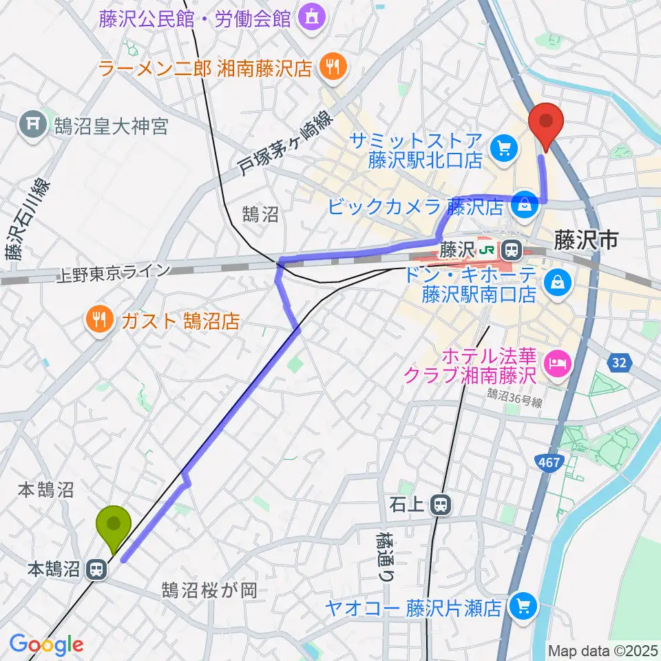 本鵠沼駅から新堀ライブ館へのルートマップ地図