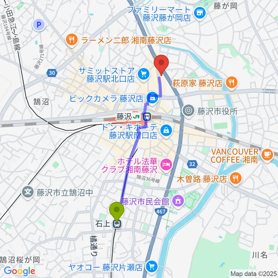 石上駅から新堀ライブ館へのルートマップ地図