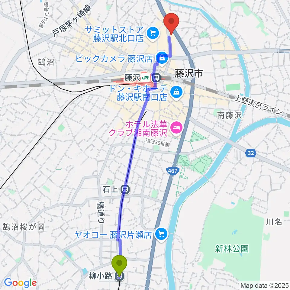 柳小路駅から新堀ライブ館へのルートマップ地図