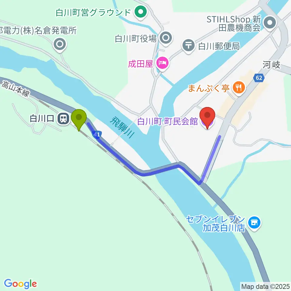 白川町町民会館グロリアホールの最寄駅白川口駅からの徒歩ルート（約7分）地図