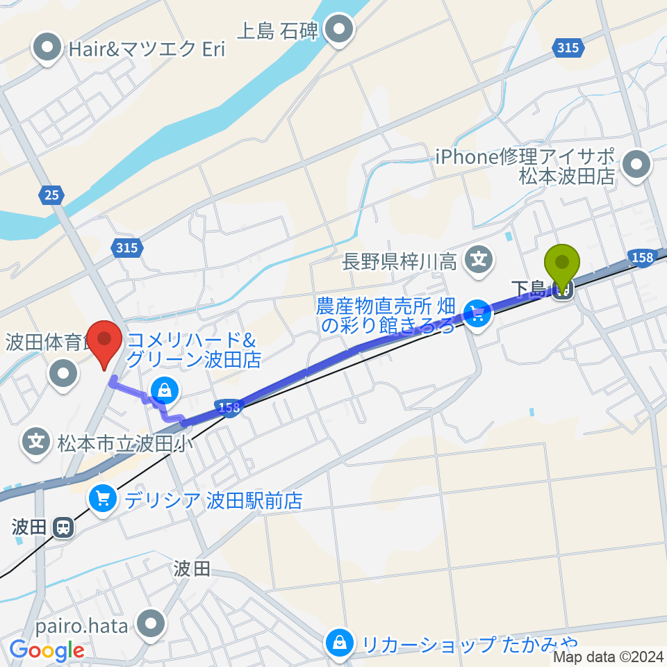 下島駅から松本市波田文化センター アクトホールへのルートマップ地図