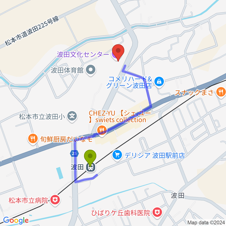 松本市波田文化センター アクトホールの最寄駅波田駅からの徒歩ルート（約7分）地図