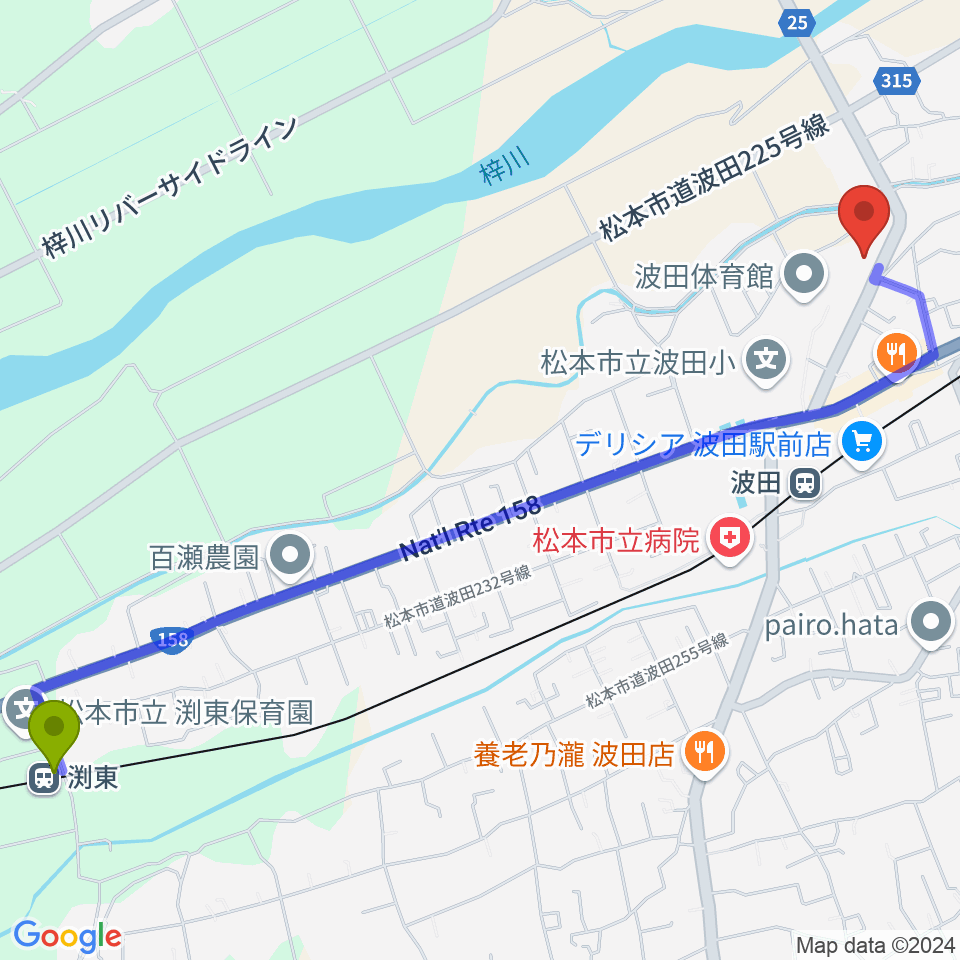 渕東駅から松本市波田文化センター アクトホールへのルートマップ地図