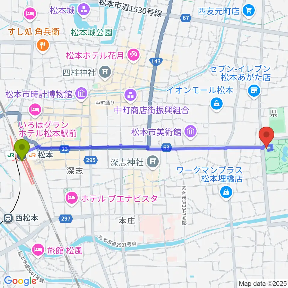 あがたの森文化会館の最寄駅松本駅からの徒歩ルート（約26分）地図