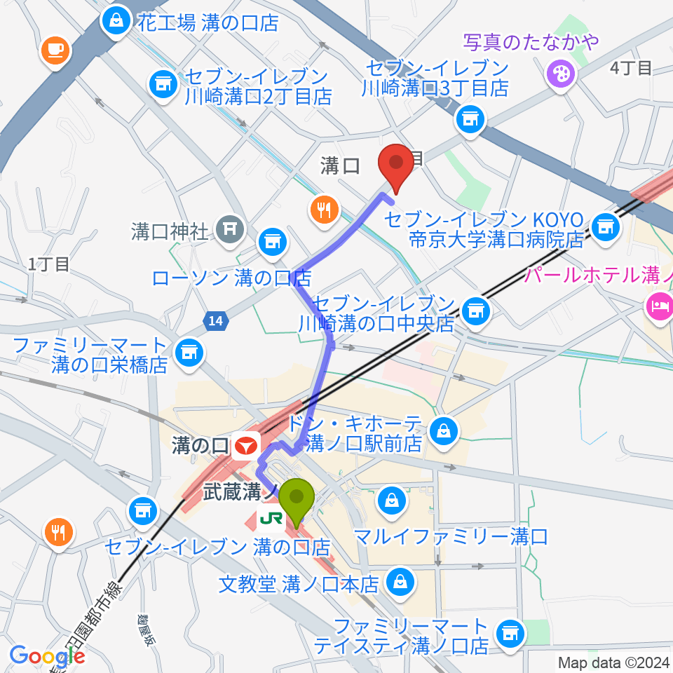 武蔵溝ノ口駅から糀ホールへのルートマップ - MDATA