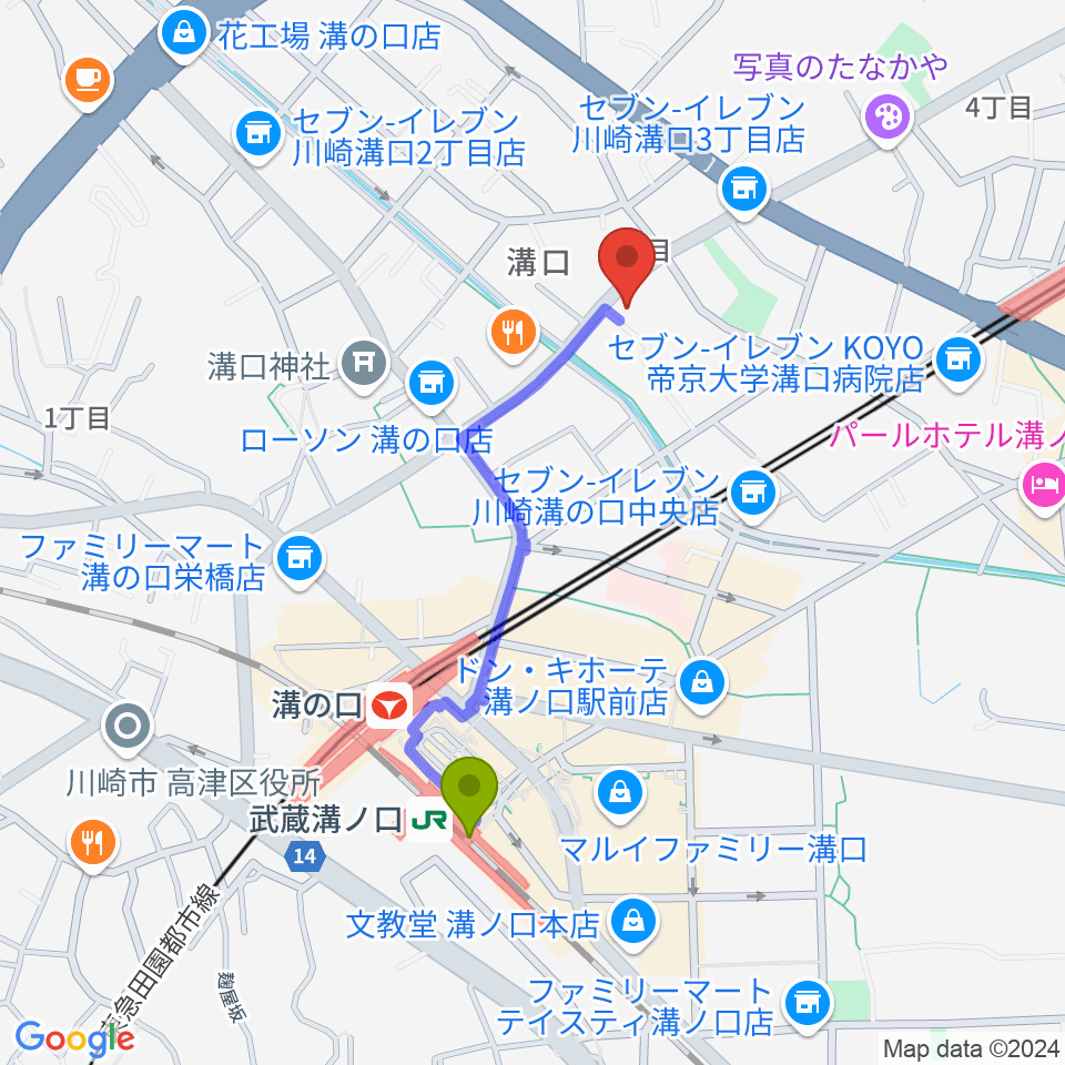 武蔵溝ノ口駅から糀ホールへのルートマップ地図