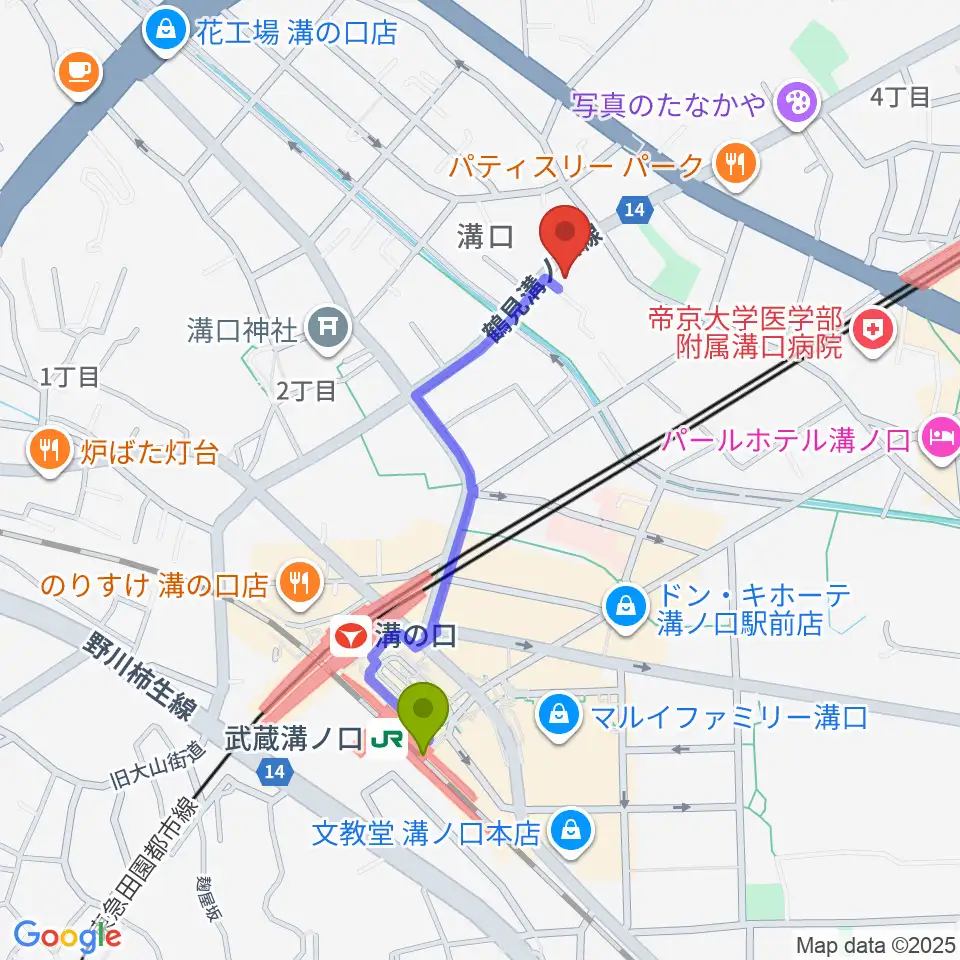 武蔵溝ノ口駅から糀ホールへのルートマップ地図