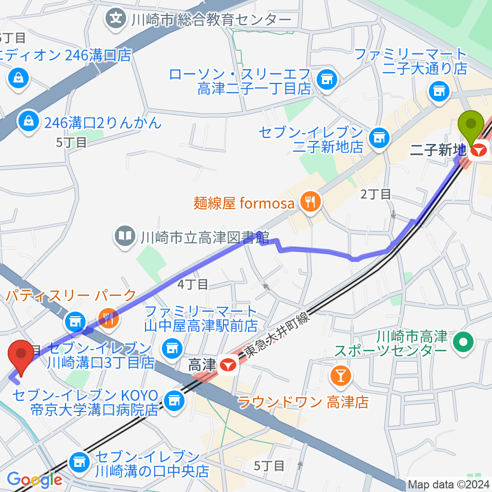 二子新地駅から糀ホールへのルートマップ地図