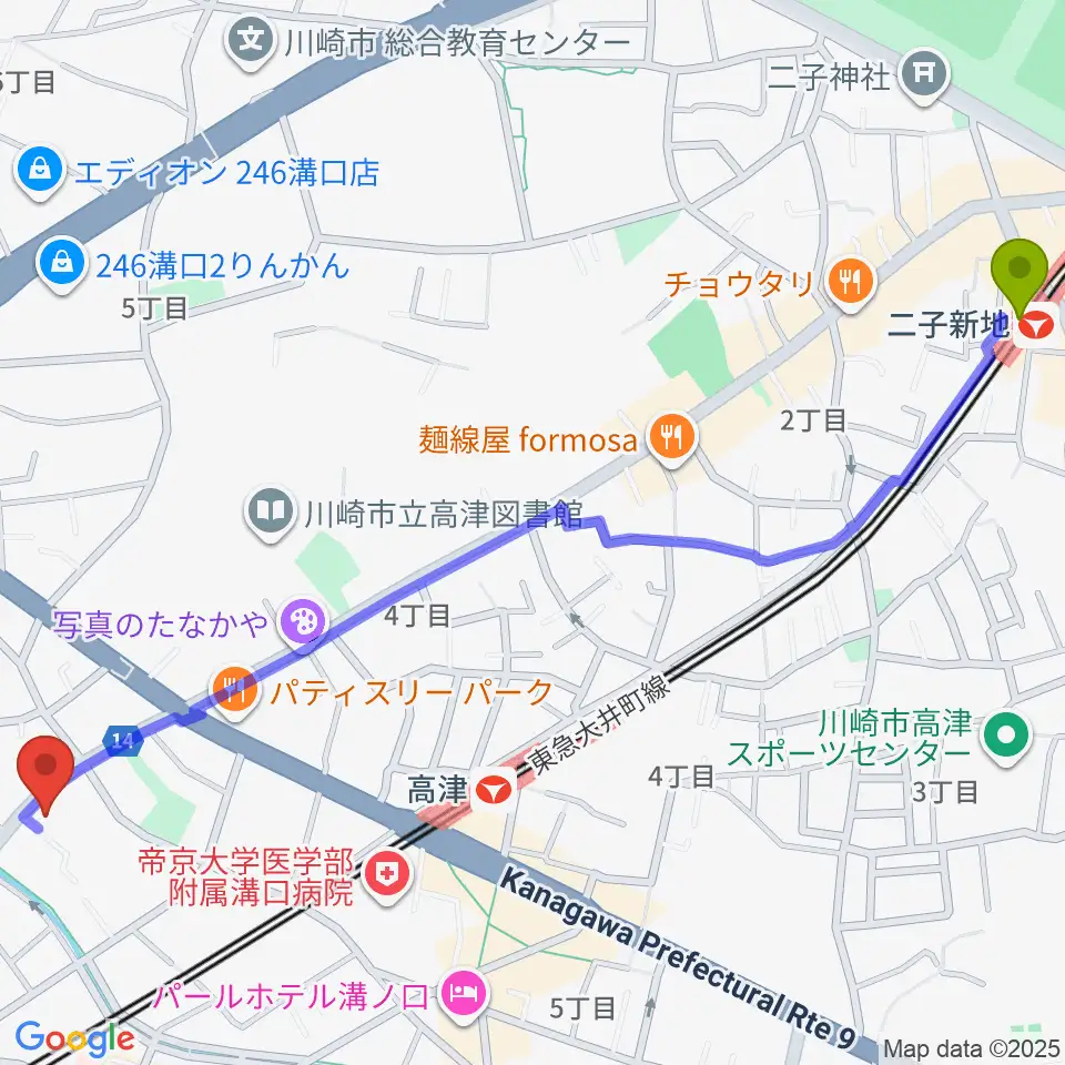 二子新地駅から糀ホールへのルートマップ地図