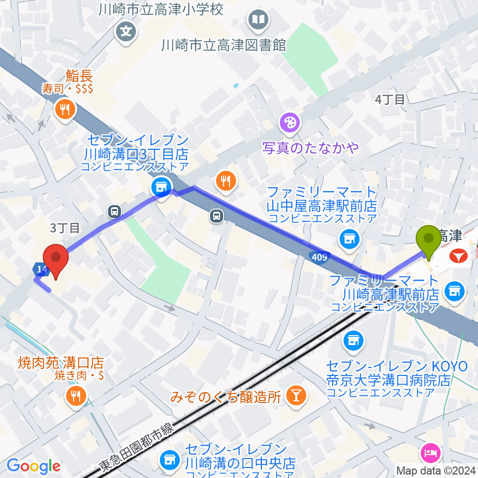 糀ホールの最寄駅高津駅からの徒歩ルート（約6分）地図