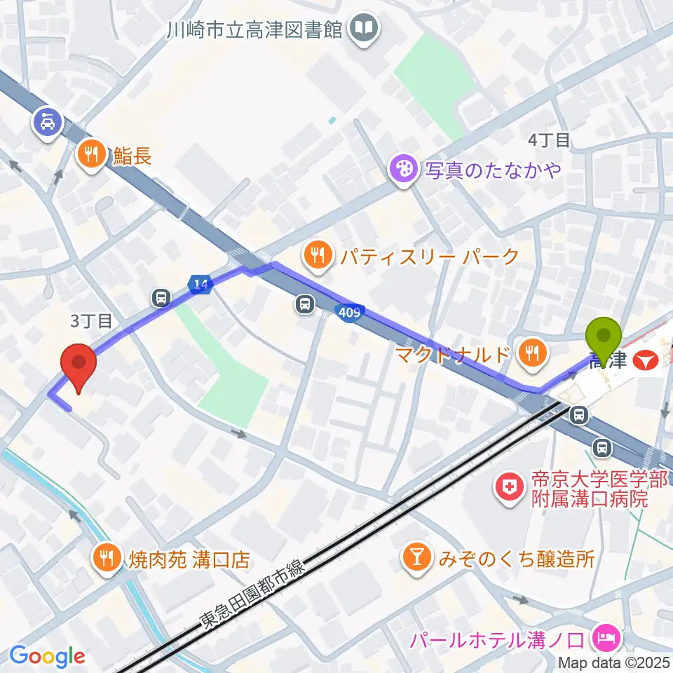糀ホールの最寄駅高津駅からの徒歩ルート（約6分）地図