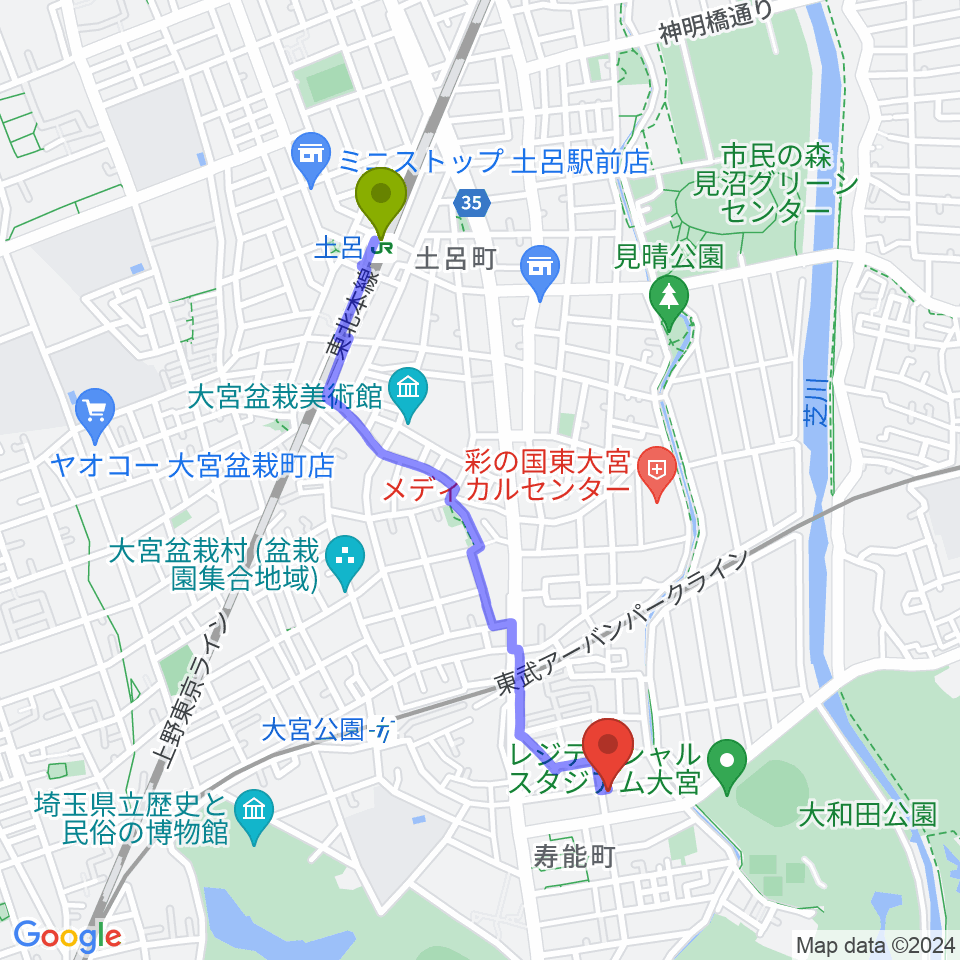 土呂駅からバッハアカデミーへのルートマップ地図