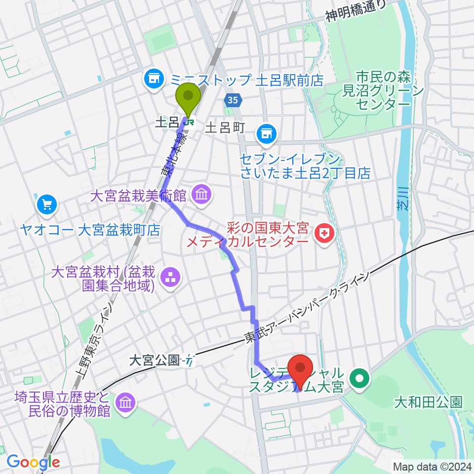 土呂駅からバッハアカデミーへのルートマップ地図