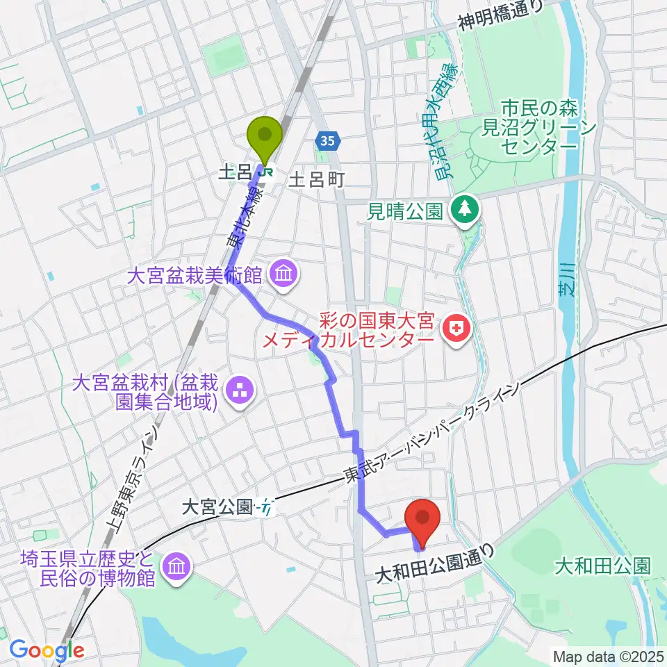 土呂駅からバッハアカデミーへのルートマップ地図
